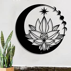 DUOOLN Moon Metal Floral Art Decor, 11" Black Boho Floral Moon and Star Phase Wall Sign, Half Moon Flower Sculpture Hanging Wall Decor for Bedroom Living Room Home Wall Decoration