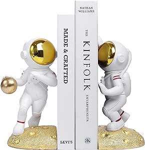 Ureymx Astronaut Bookends, Space Theme Bookends for Shelves, Unique Office Home Room Heavy Duty Bookends Decorative, Book Ends with Anti-Slip for Kids Rooms Decor, Apply to Boys Girl Idea Gift (Gold)