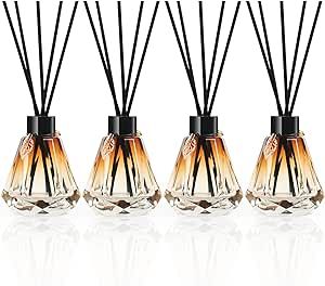 Reed Diffuser, 4pcs Reed Diffuser Empty Bottles with 20pcs Reed Diffuser Sticks, Delicate Gold Leaf Decor, Glass Fragrance Diffuser Set with lids for Home, Bathroom | Refillable,Diamond Style Black