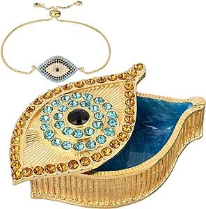 KENZY GIFTS Evil Eye Jewelry Box - Handmade Gold Keepsake Box with Magnetic Closure & Crystals - Decorative Storage for Bracelets, Necklaces, Accessories - Evil Eye Decor (Gold box with bracelet)