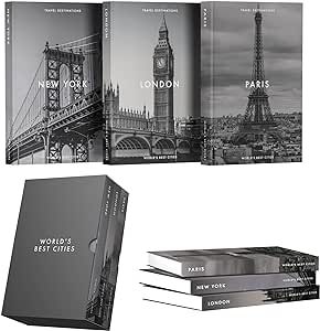 Set of 3 stylish decorative books for home decor. Coffee table books, also perfect for entryways, and bookshelves. Suitable for home office. Hardcover with inspiration from Paris, New York, London.