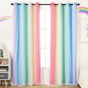 UNISTAR 2 Panels Blackout Stars Curtains for Girls Bedroom Kids Aesthetic Living Room Decor Colorful Double Layer Star Cut Out Stripe Window Wall Home Decoration Curtain,W52 x L84 Inches, Rainbow