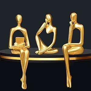 Gold Home Decor Large Thinker Statue Accents, Set of 3 Thinker Sculptures Office Decor Modern Abstract Resin Decoration on Shelf Table Desk for Living Room Office Bedroom