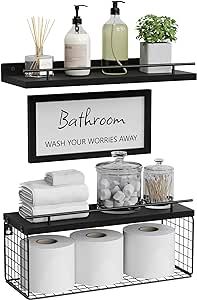 WOPITUES Floating Shelves with Bathroom Wall Decor Sign,Wood Floating Bathroom Shelves Over Toilet with Toilet Paper Storage Basket Set of 3, Rustic Floating Shelf with Guardrail for Wall Decor–Black