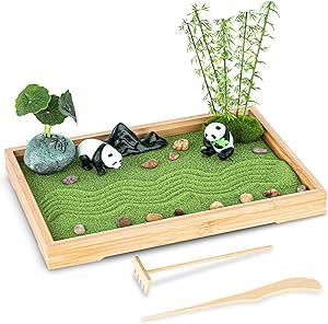 Zen Garden Kit for Desk 11''x7.5'' Room Decor with Green Sand, Panda Decorative Ornaments, Haystack, Ceramic Mountain, Stones and Rakes (Panda Bamboo)