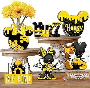 Uruney Spring Tiered Tray Decor, Cartoon Mouse Bee Tray Decorations, Honey Bee Hive Bee Kind Buzz Wooden Signs, Farmhouse Rustic Spring Summer Decorations for Home Kitchen Table Shelf Mantel Party