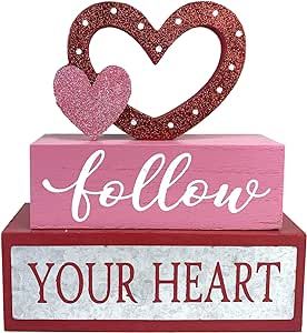 Eternhome Valentines Day Decor 3-Layered Pink Love Heart Block Happy Valentine's Day Wooden Table Decorations Farmhouse Rustic Shiny Valentines Sign for Home Room, Tiered Tray, Fireplace, Shelf