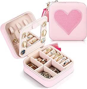 Misdary Travel Jewelry Box Small Portable Pink Travel Jewelry Case Heart Printed Jewelry Organizers and Storage with Mirror and Tassels Double Layer Jewelry Storage Case for Girls Women Valentine Gift