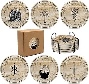 Lord of The Rings Coasters for Drinks-TV Show Stone&Cork Coasters for Coffee Table-LOTR Coasters for Home Decor-6 Pcs Lord of The Rings Coaster Set with Holder-Merchandise Gift for Fans.
