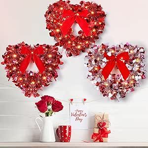 Meonum 3 Pack Valentine’s Day Wreaths for Front Door, 12" Heart Shaped Wreath with LED String Light for Valentine’s Day Decorations, Valentine Wreath Hanging Decor for Valentine's Day Wedding, Window
