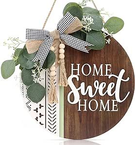 3D Welcome Front Door Wreath Porch Decor, Wooden Home Sweet Home Boho Outdoor Sign Hanging, Farmhouse Aztec Wall Sign Hanger with Artificial Leaves&Rustic Beads