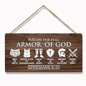 KENTUOK Put On The Full Armor of God Brown Rustic Wooden Wall Plaque with Inspiring Christian Scripture Retro Style Hanging Sign with Rope for Home Decor