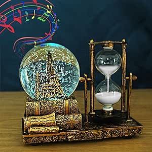 Snow Globe with Hourglass Timer Home Decorations for Living Room LED Music Crystal Ball Snow Globes Collectibles Bedroom Book Shelf TV Cabinet Desktop Decor Statue Figurine Table Centerpiece Ornament