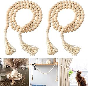 DECORKEY Farmhouse Wood Beads Garland Decor, 2 Pack 58 Inch Wooden Beads for Boho Home Decor with Tassels, Rustic Country Decor for Coffee Table, Wall, Shelf, Tray, Vase, Living Room, Bedroom