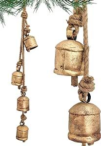 Carfar Rustic Style Bells Cluster Handmade Metal Harmony Christmas Hanging Cow Bells on Jute Rope