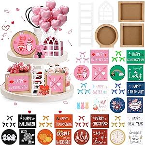 Valentines Tiered Tray Decorations Set - Farmhouse New Home Decor w/ 8 Interchangeable Holiday Themes, 49 pcs Seasonal Kitchen Counter Coffee Table Tier Tray Decorative Items