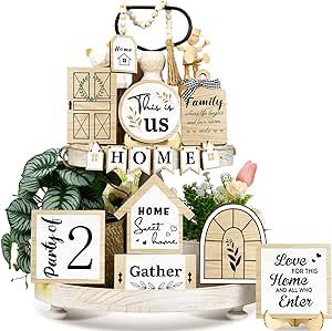 15 Pieces Farmhouse Tiered Tray Decor Home Decor for Tiered Tray Neutral Rustic Home Wooden Signs Wood Bead Garland with Tassel for Home Kitchen Table Shelf Spring Summer Decoration