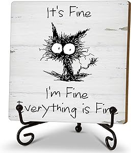 Home Office Decor Gifts for Women Men, Humorous Wooden Plaque with Stand, Black Cat Desk Decor for Home Office Table Shelf Decorations, Everything is Fine - B08
