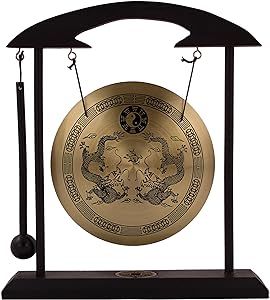 THY COLLECTIBLES Asian Zen Art Brass Feng Shui Desktop Gong Bell with Stand and Rammer for Home Decoration - Twin Dragons