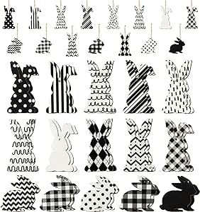 A1diee Easter Bunny Wooden Ornaments - 45Pcs Hanging Decoration 15 Black&White Rabbit Peeps Shaped Pattern Craft With Twine Rope Party Favors Supplies Celebration Spring For Home Courtyards Tree Decor