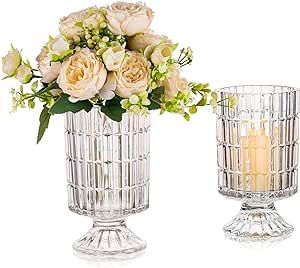 Glasseam Glass Vases for Flowers, Floral Compote Crystal Vase Set of 2, Unique Decorative Vase Decor, Footed Clear Flower Vases for Living Room Decorations, Hurricane Pedestal Urn for Dining Table