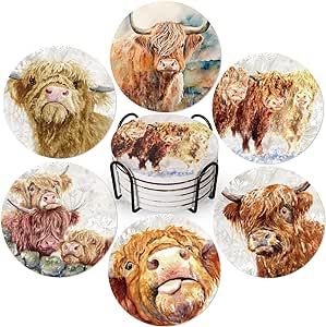 Whaline 6Pcs Highland Cow Coasters with Holder Watercolor Farm Animal Theme Ceramic Drink Coaster Brown Chic Heat-Resistant Cup Mats for Birthday Baby Shower Tabletop Decor
