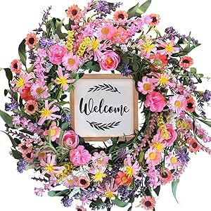 idyllic Artificial Flower Wreath for Front Door, 20’’ Pink Floral Wreath Spring and Summer Wreath for Farmhouse Home Wall Wedding Festival Farmhouse Holiday Decor