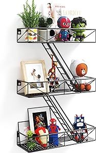 MVPSONAG Fire Escape Wall Shelf with Basket, 3-Tier Black Fire Escape Ladder Shelf Wall Organizer, New York Metal Decorative Shelves, DIY Floating Action Figurine Display Shelf for Bedroom, Home Decor