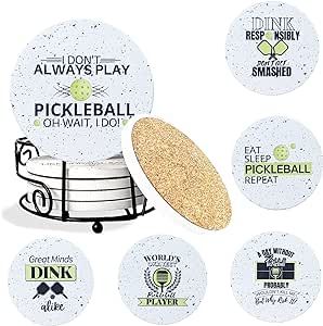 KCT Store Pickleball Gifts for Women and Men - Appreciation Gifts - Absorbent Ceramic Coasters 6pc - Metal Holder & Cylinder Kraft Gift Box Included