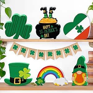 6PCS St. Patrick's Day Wooden Decorations - Irish Theme Wooden Signs Freestanding Shamrock Table Centerpiece Decor, Farmhouse Saint Patrick's Day Decorations for Home Mantle Shelf Tiered Tray