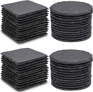MAPRIAL 48 PCS Slate Coasters Bulk, 4 Inch Black Coasters for Drinks, 24 PCS Natural Square Slate Coasters and Round Stone Coasters for Coffee, Office, Bar, Wooden Table, Home Decor, Cups, Gifts.
