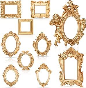 Yulejo 10 Pcs Vintage Resin Picture Frame Antique Vintage Collage Photo Frame Mini Oval Rectangle Wall Hanging Frames for DIY Jewelry Display Home Decor, Without Glass or Backing (Gold)