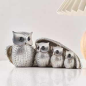 FJS Owl Statue Shelf Decor Accents, Silver Owl Figurines Home Decorations for Living Room, Small Animal Decor for Shelf Table TV Stand Modern Office Decor, Owls Gifts for Women and Owl Lovers