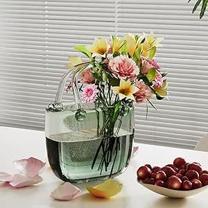 HOIBAI Glass Purse Vase for Flowers - Elegant Handbag Vase for Exquisite Decor, Unique Glass Bag Vase with Fish Bowl Design, Versatile Flower Vase for Home Decoration(Green)