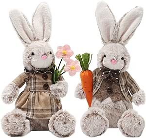 Juegoal 2 Pack Plush Easter Bunny, 12.6" Handmade Huggable Rabbits Couple, Easter Basket Rabbits, Cute Bunny Party Favor Figurine, Spring Tabletop Holiday Room Decorations