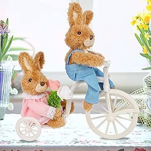 Juegoal Easter Tabletop Decorations Plush Bunny Couple, 9.8" (L) x 11" (H) Easter Rabbits Ride a Bike, Cute Animal Figurine for Girls' Gift, Easter Basket Filler Spring Home Kitchen Room Ornament