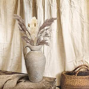 Cloudroot Rustic Ceramic Vase with Distressed Farmhouse Finish,12 Inch Shabby Chic Pottery for Pampas Grass, Faux Plants, Flowers, Living Room and Mantle Centerpieces, Decorative Boho Home Decor