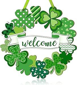 St. Patrick's Day Shamrock Door Sign, Shamrocks Welcome Wooden Hanging Sign Lucky Irish Ornament Wood Wreath for Happy St. Patrick's Day Party Front Door Wall Home Decorations with Rope and Bow