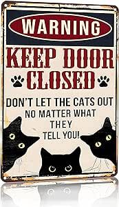 Crazysign Funny Black Cat Vintage Tin Sign Keep Door Closed Sign for Home House Apartment Door Sign Wall Decor 8 x 12 Inch (3052)