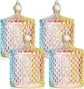 4 Pcs Crystal Glass Candy Jar with Lid Home Decorative Jar Glass Storage Bathroom Jars Jewelry Box Canister Jar for Cotton Swab Glass Jar for Bathroom, Pantry, Living Room, Kitchen (Colorful)