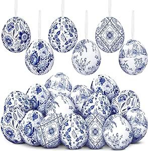 Simgoing 24 Pcs Chinoiserie Easter Hanging Eggs Easter Eggs Hanging Ornaments Fabric Wrapped Decorative Eggs Blue and White Chinoiserie Easter Tree Ornaments for Home Spring Party Basket Filler