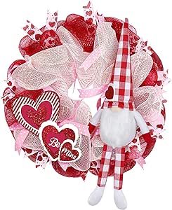 Valentines Wreaths for Front Door, Valentine Door Decorations Valentine Gnome Wreath with Be Mine Sign Fishnet Yarn, Valentines Day Wreath Decor for Home Outdoor Outside