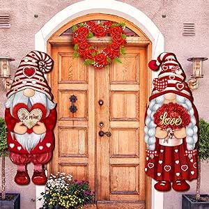 Anglechic 2 Pcs Valentine's Day Wooden Gnome Sign Large Valentines Gnome Door Hanger Red Heart Love Gnome Porch Signs Valentines Hanging for Front Door Indoor Outdoor Home Decor