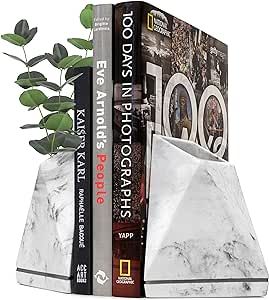 BDECOR Book Ends Decorative, Marble Style Bookends for Shelves Heavy Books [Non Skid] Book Holder for Kitchen Cookbook Storage, Bookends Decorative Unique, Book End, Bookend (White)